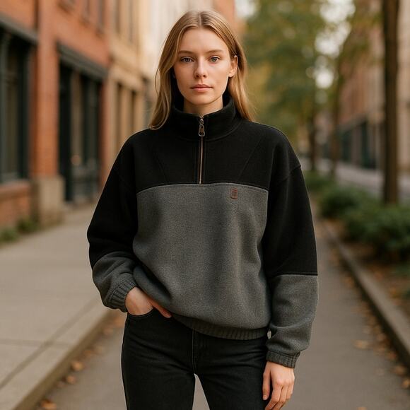 Bugle Boy Vintage Men’s Gray and Black Fleece Pullover Quarter Zip - Picture 1 of 6